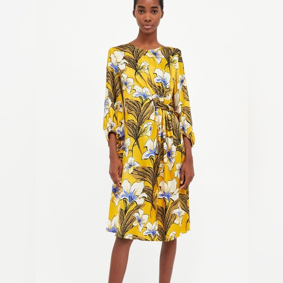 Zara Dresses & Skirts - NWT Zara Floral Print Gathered Dress‎ in Yellow Midi Long Sleeves Size Large
